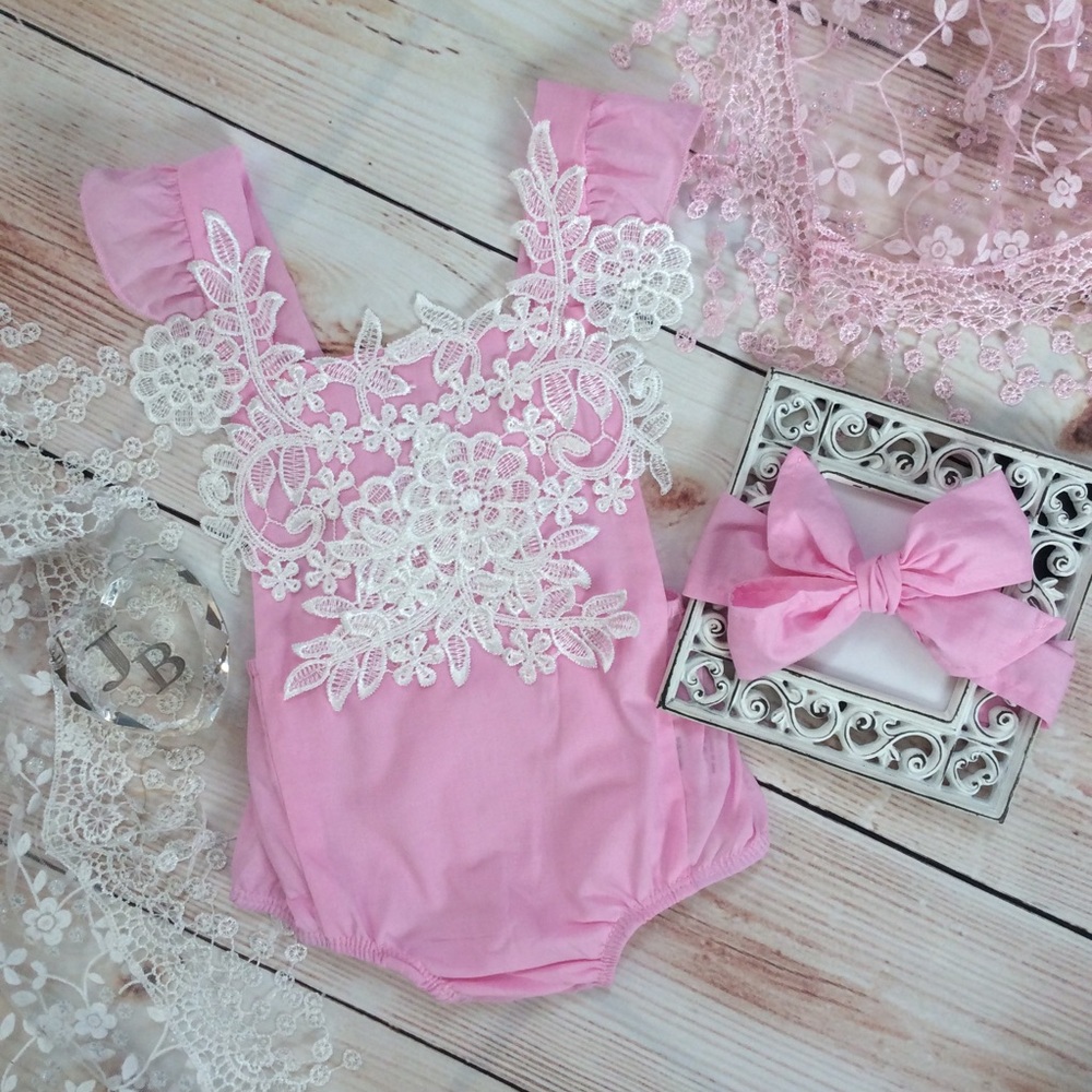 Boutique Baby Girl Pink Romper 2pc Outfit